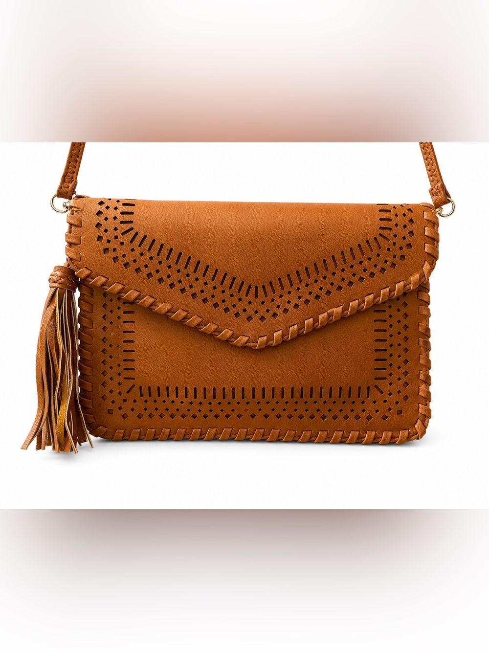 Cognac Brown Boho Crossbody Purse – Laser Cut Tassel Bag